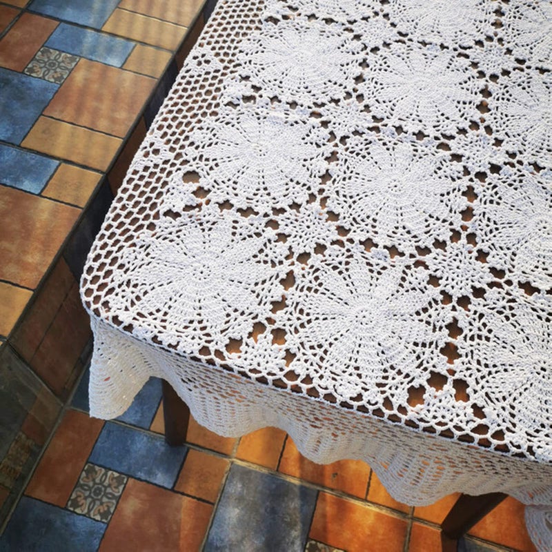 USTIDE Shabby Handmade Crochet Tablecloth Rectangle Romantic Table Cover White Lace Design Table Overlays Rectangular 62inchesx82inches - Image 2